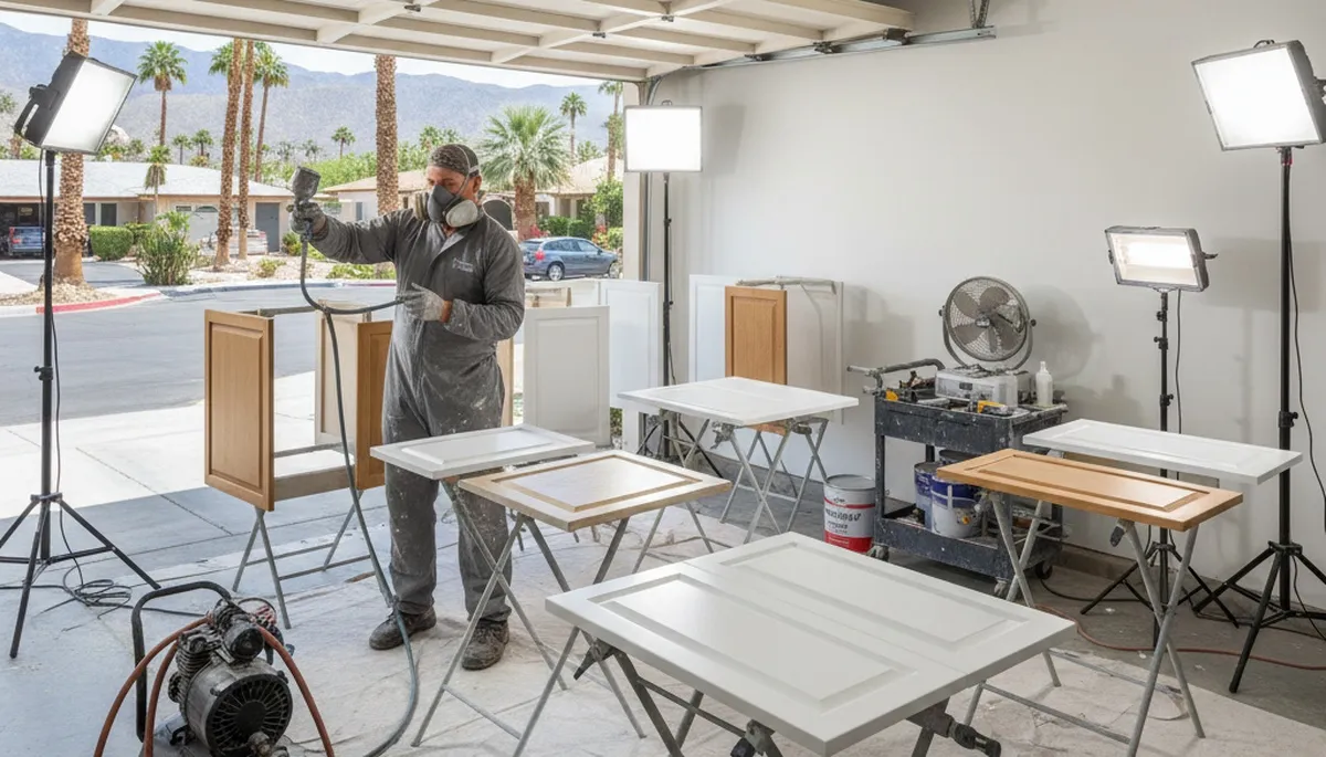 Professional cabinet painting in Palm Springs, CA with smooth sprayed finishes for modern kitchen updates