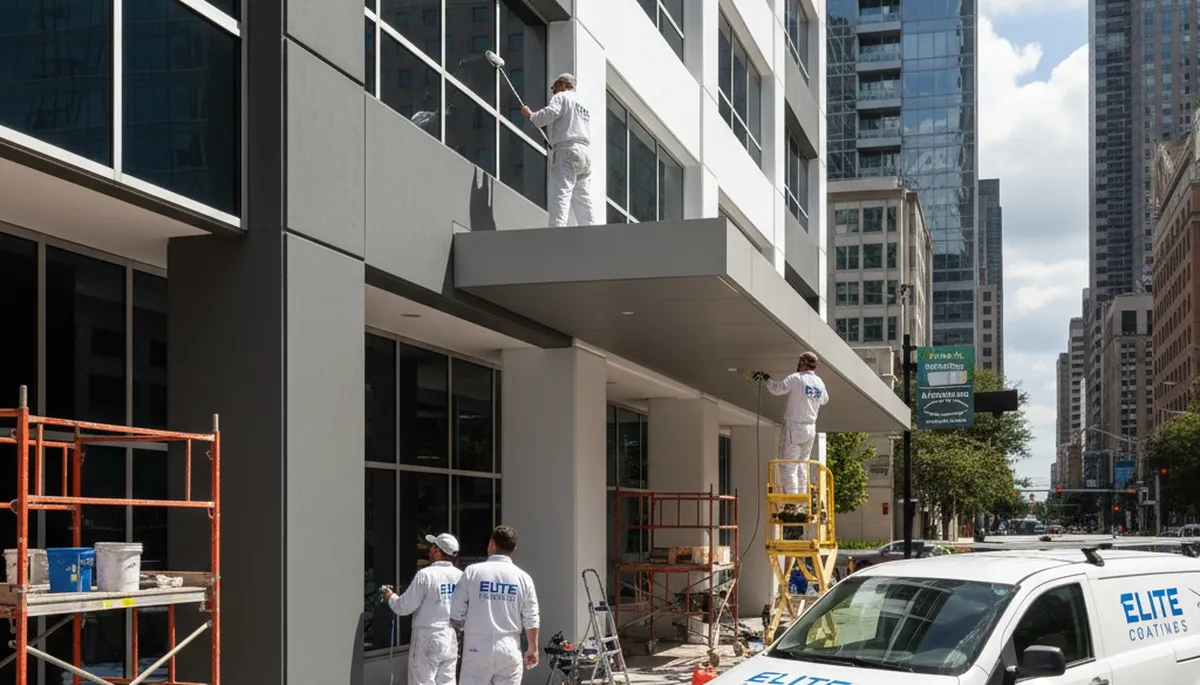 Professional commercial painters finishing exterior building in Palm Springs, CA