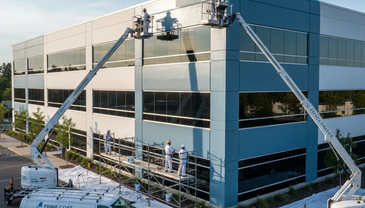 Professional commercial painters working on a Palm Springs CA building exterior in desert sunlight