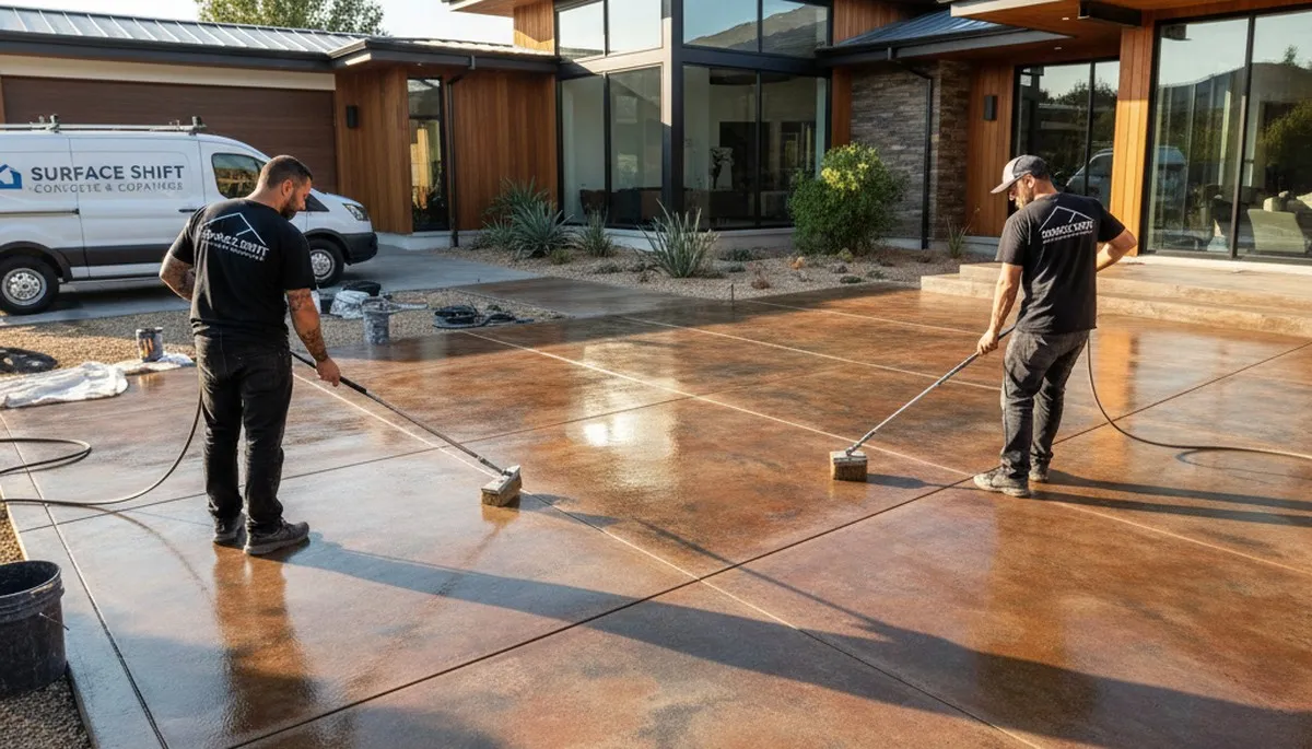 Concrete staining on Palm Springs patio by Desert Surface Experts, durable UV-resistant finish