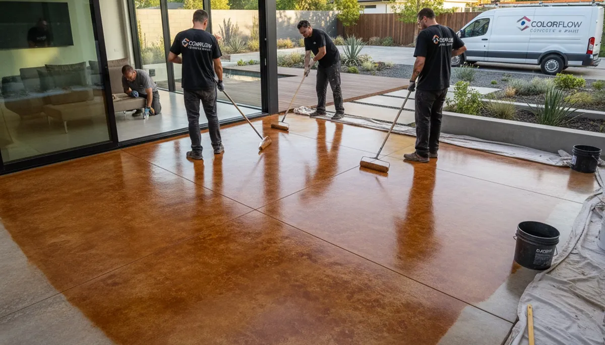 Professional concrete staining on Palm Springs patio by Desert Surface Experts, fade‑resistant finish