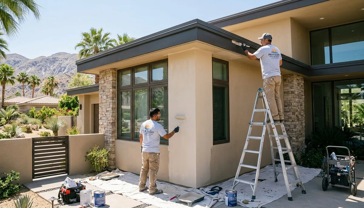 Professional house painters working on an exterior home repaint in Palm Springs, CA