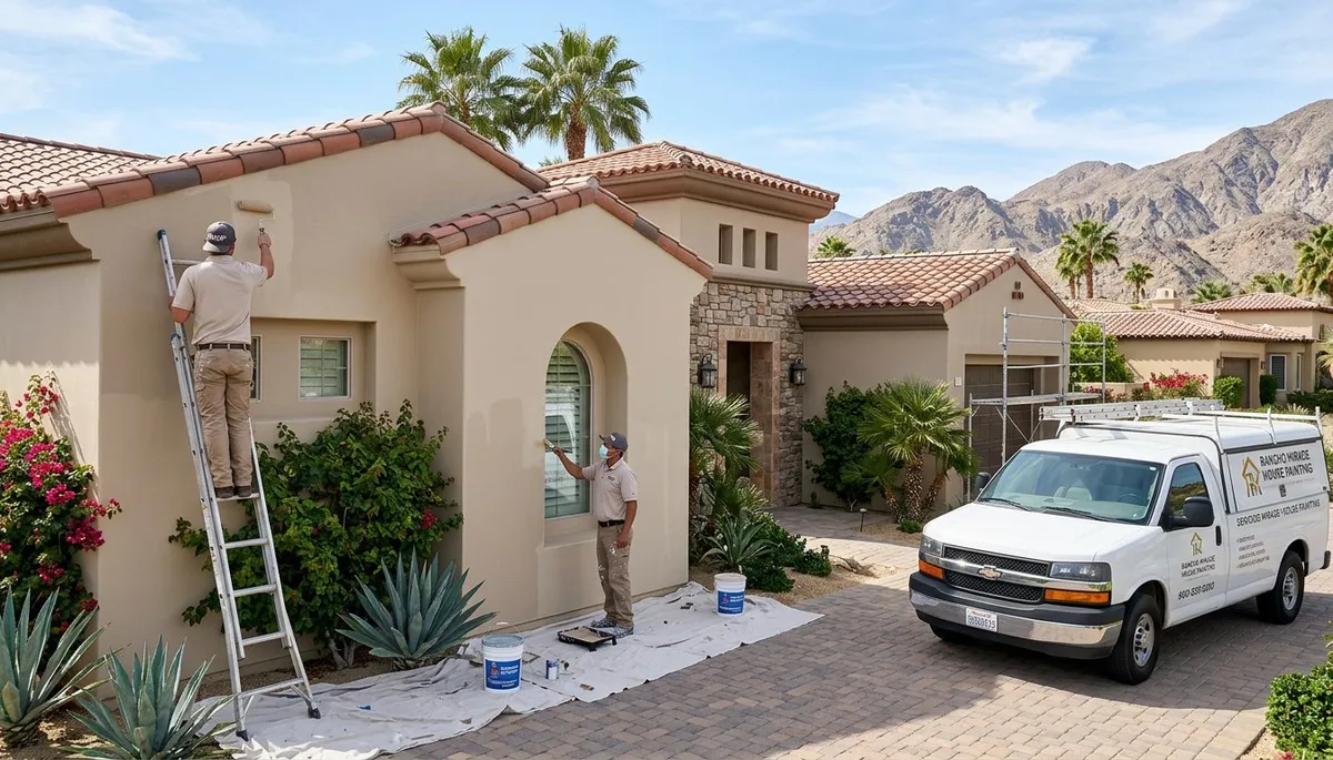 Professional house painters working on exterior home in Palm Springs, CA
