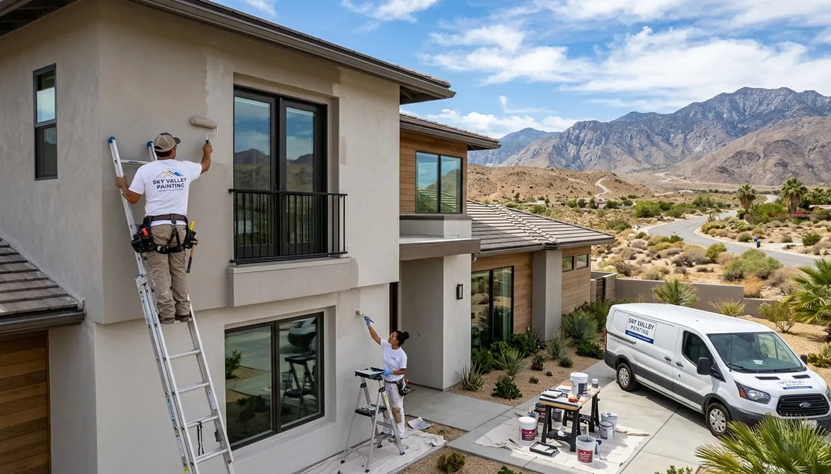 Professional house painters in Palm Springs CA painting exterior walls with fresh color finish