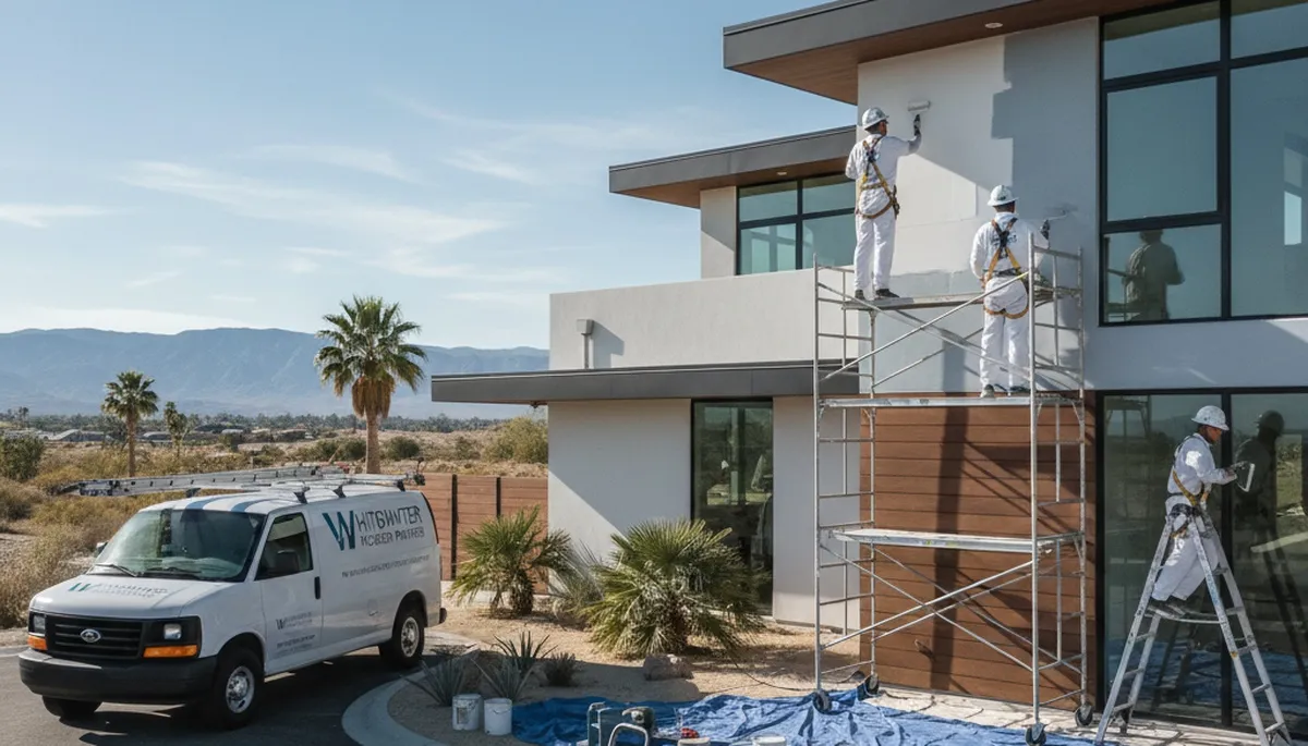 Professional house painters working on a Palm Springs CA home exterior repaint project