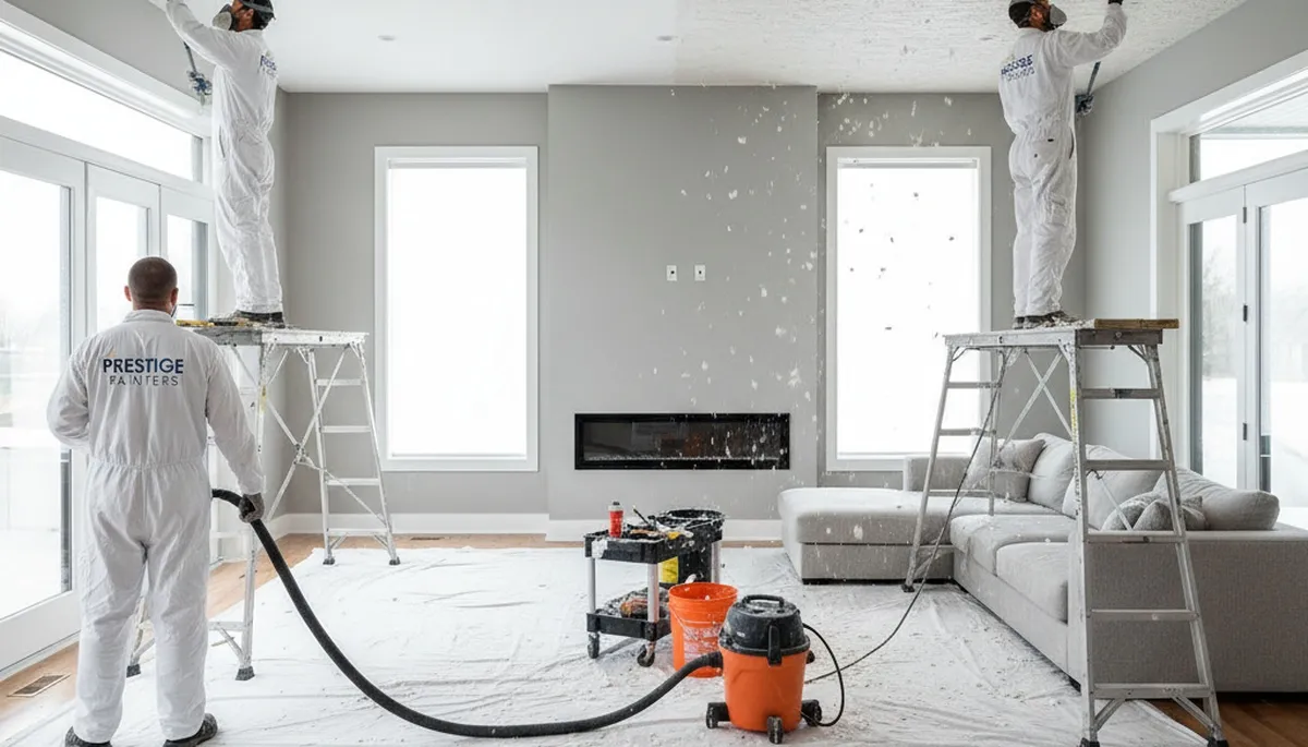 Technician removing popcorn ceiling in Palm Springs, CA home for smooth modern finish
