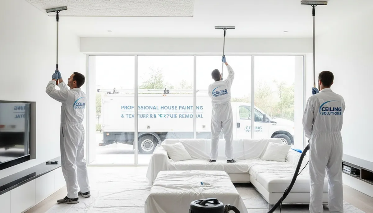 Technician removing popcorn ceiling in Palm Springs, CA home for smooth modern finish