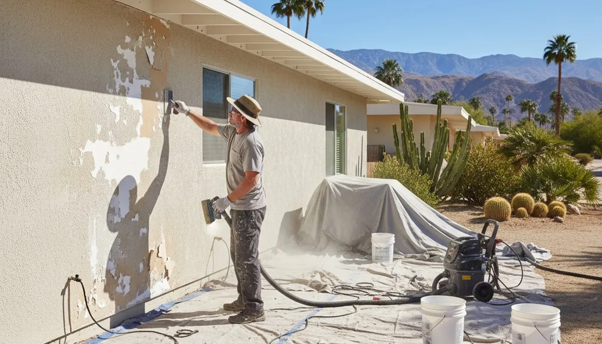 Painter performing exterior surface preparation on Palm Springs, CA home for durable desert-resistant finish
