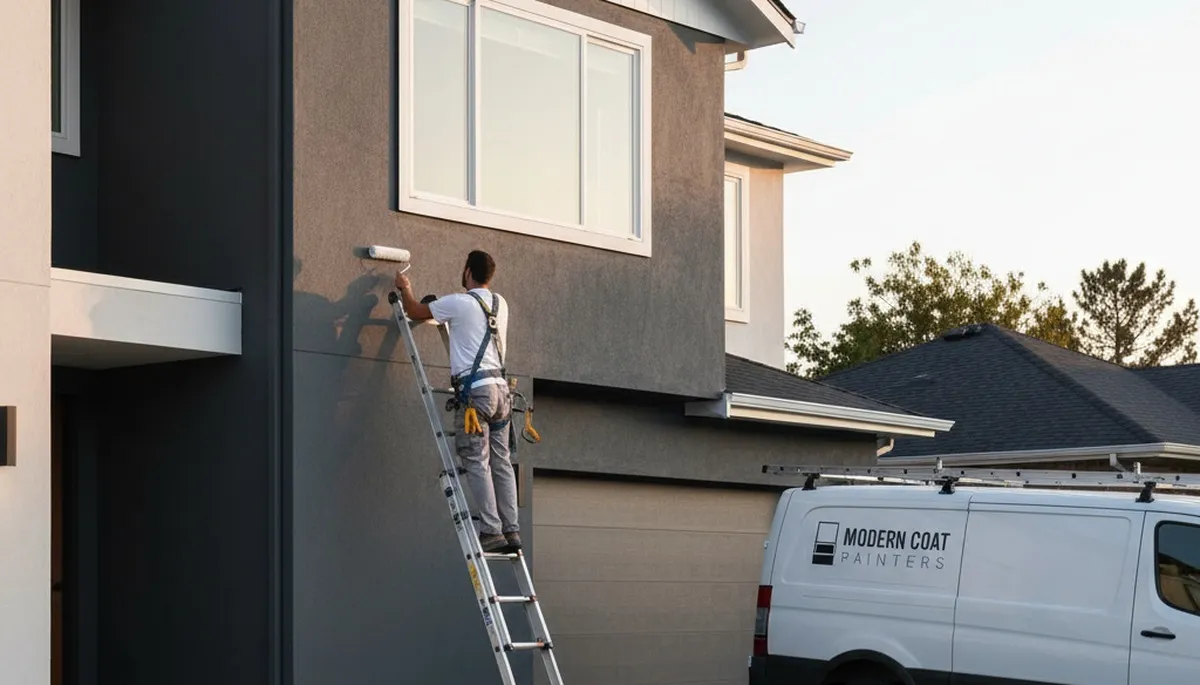 Professional trim and fascia painting on Palm Springs, CA home with UV-resistant desert coatings